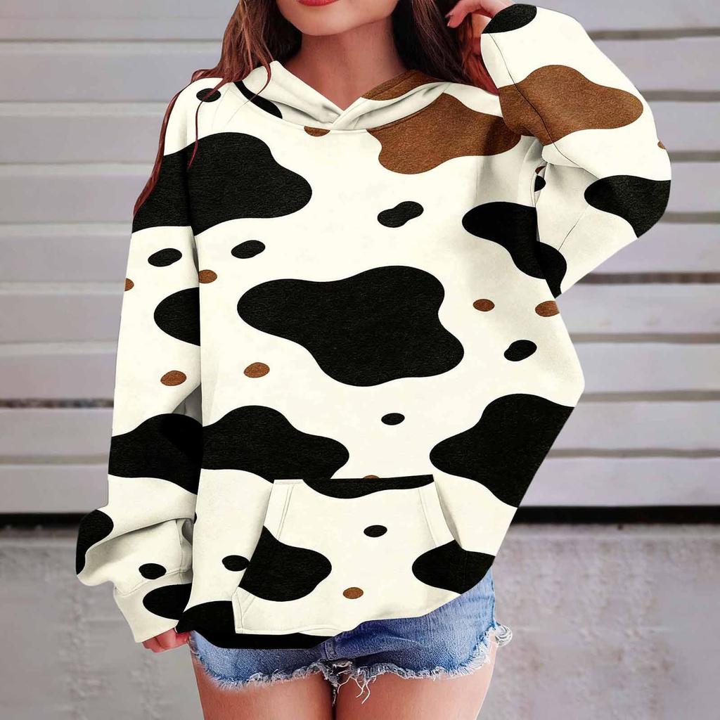 Kids Hooded Cow Print Pullover Sweatshirt for Boys Girls with Pockets Loose Fit