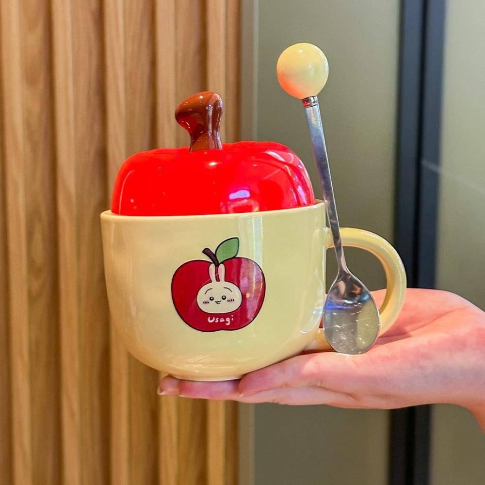 Cute Apple High-value Cup Ceramic Mug with Lid Spoon Couple Home Coffee Cup Girl Birthday Gift