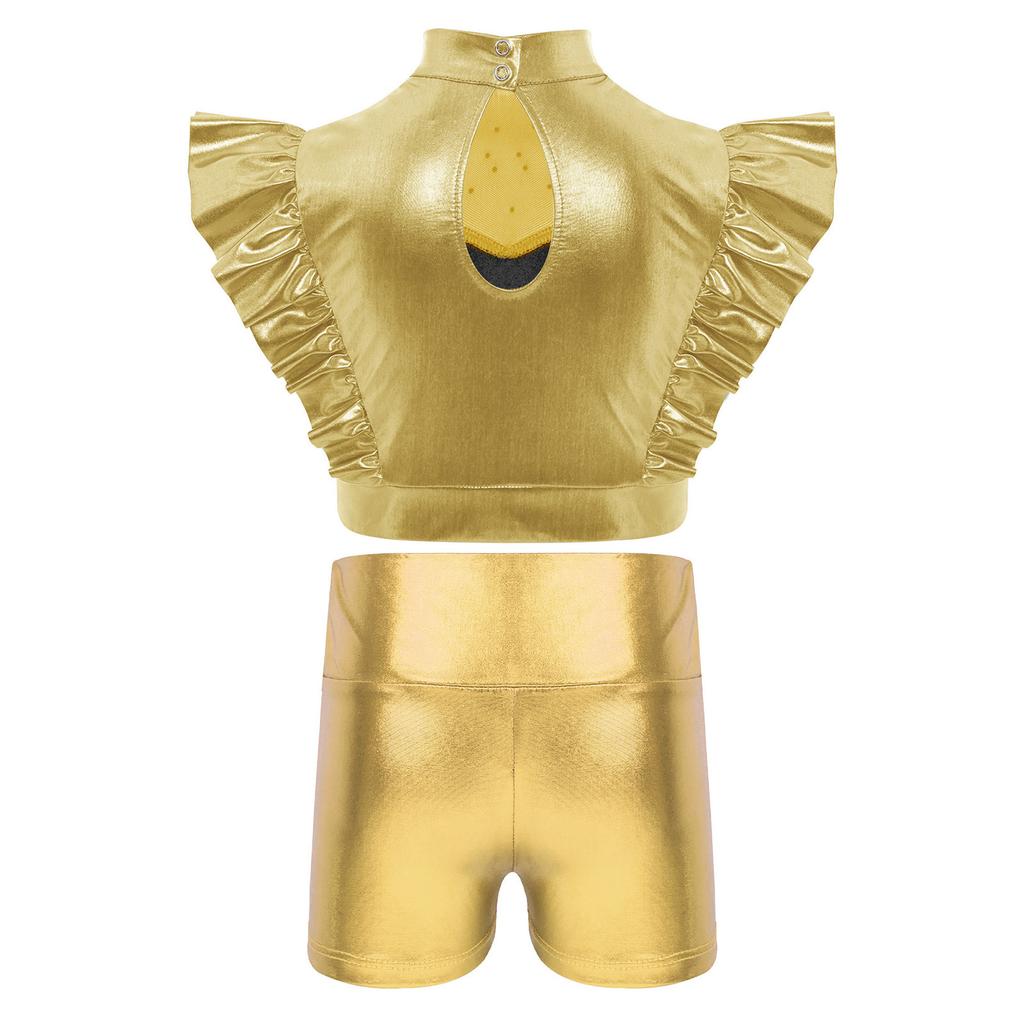 Dětský třpytivý taneční outfit s kamínky, s vysokým límcem, bez rukávů, kovový volánkový top a odpovídající lesklé šortky pro jazzovou soutěž