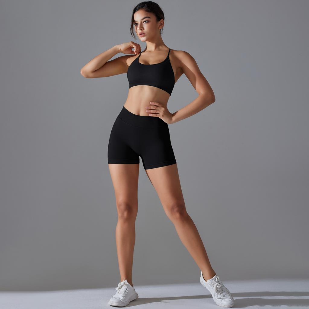 Seamless Solid Color Cross Beauty Back High Elastic Tight Sports Underwear Yoga Suit Running Fitness Two-piece Set