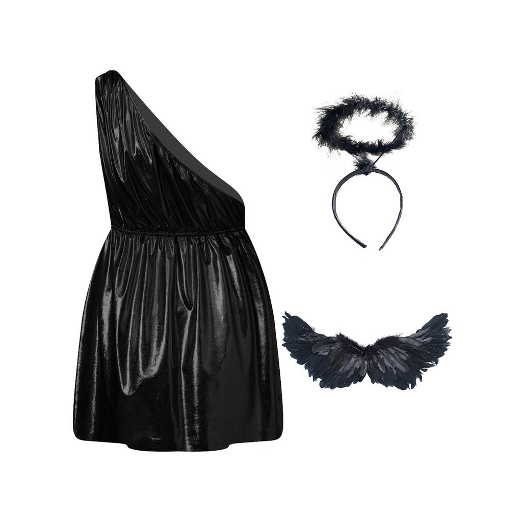 Costume Toga Greco Romano Mitologico da Uomo Tunica Metallizzata Monospalla con Ali e Copricapo per Festa Cosplay di Halloween