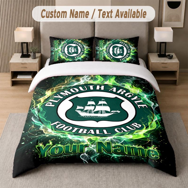 Custom Bedding Set Plymouth Argyle FC Pattern, Print Name Text 1 Duvet Cover Plus 2 Pillowcases Home Textile