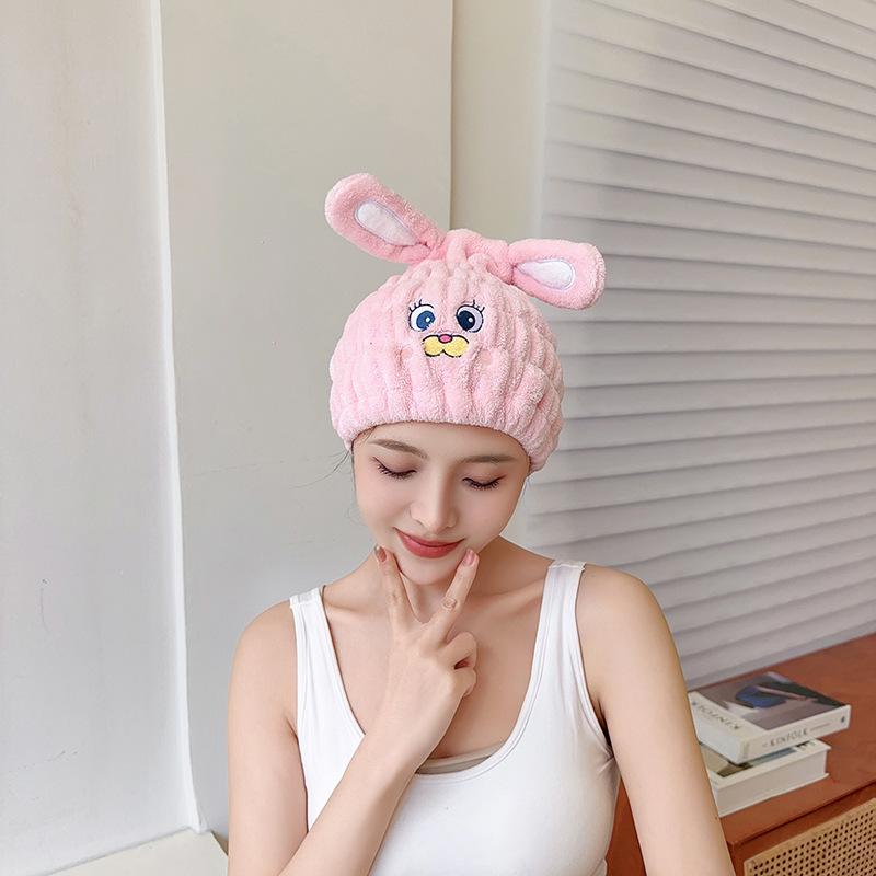 Children's Dry Hair Cap Coral Velvet Cartoon Rabbit Ear Suction Cap Female Adult Shower Cap