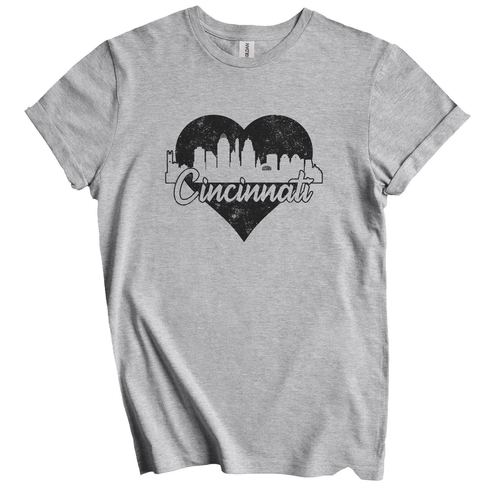 Retro Cincinnati Ohio Skyline Heart Distressed T-Shirt L