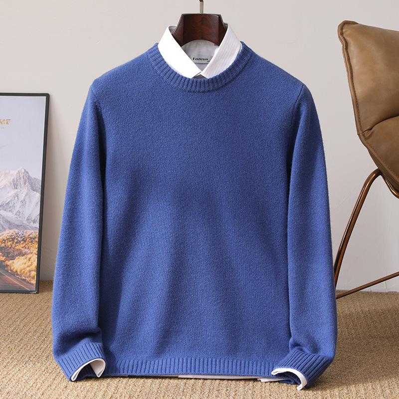 Men's Pure Wool Thickened Winter Pullover - Color Block Round Neck Cashmere Sweater
