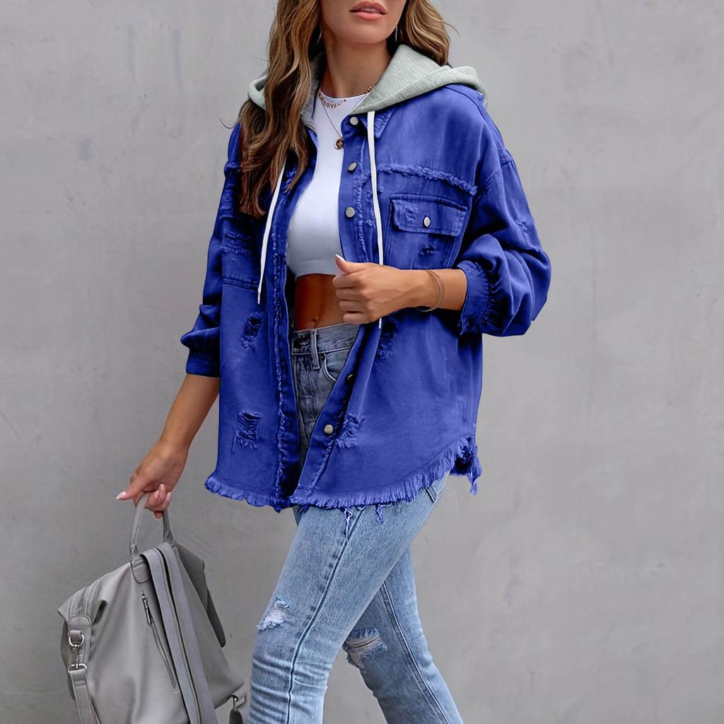 Women's Fashionable Casual Loose,fitting Distressed Patchwork Mid,length Denim Jacket