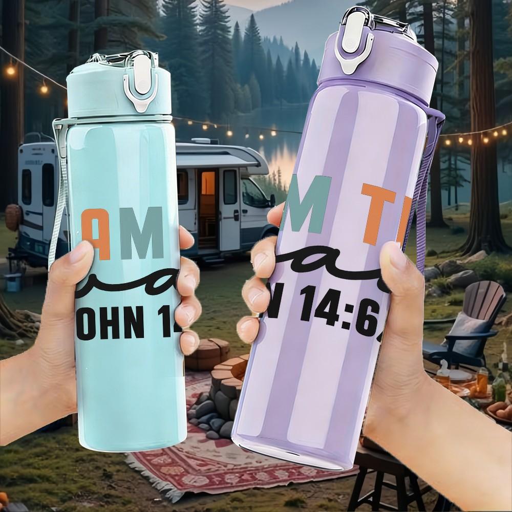1PC I Am The Way John Text Letter 750ml Color Plastic Sports Water Bottle Leakproof Flip Straw Lid Suitable for Sports Office Home Use