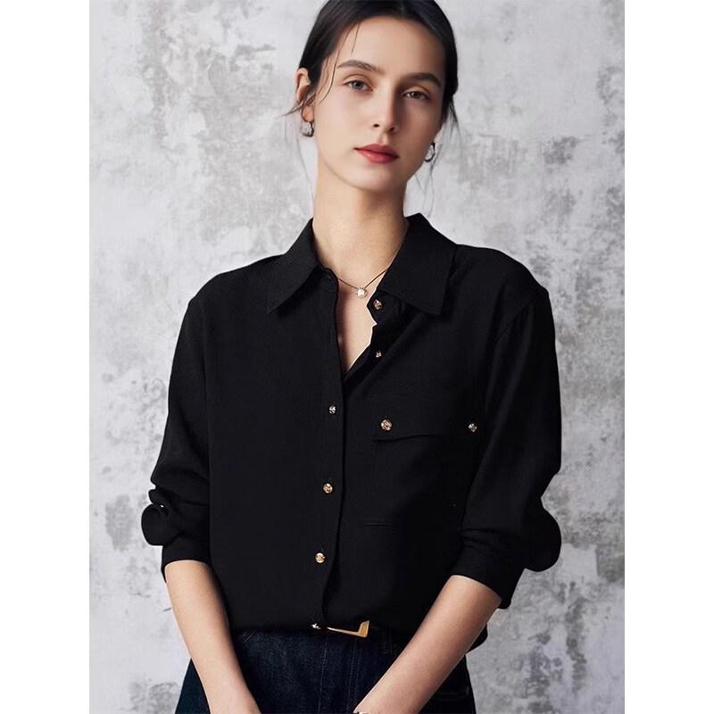 Basic House Women's French Black Satin Layering Shirt
