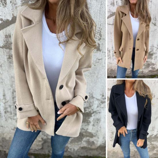 Fall Winter Women Jacket Turn-down Collar Mid Length Single-breasted Solid Color Fake Pockets