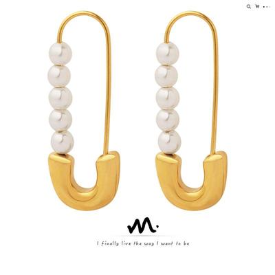 European & American Retro Style Paperclip Faux Pearl Titanium Steel 18K Gold-Plated Earrings