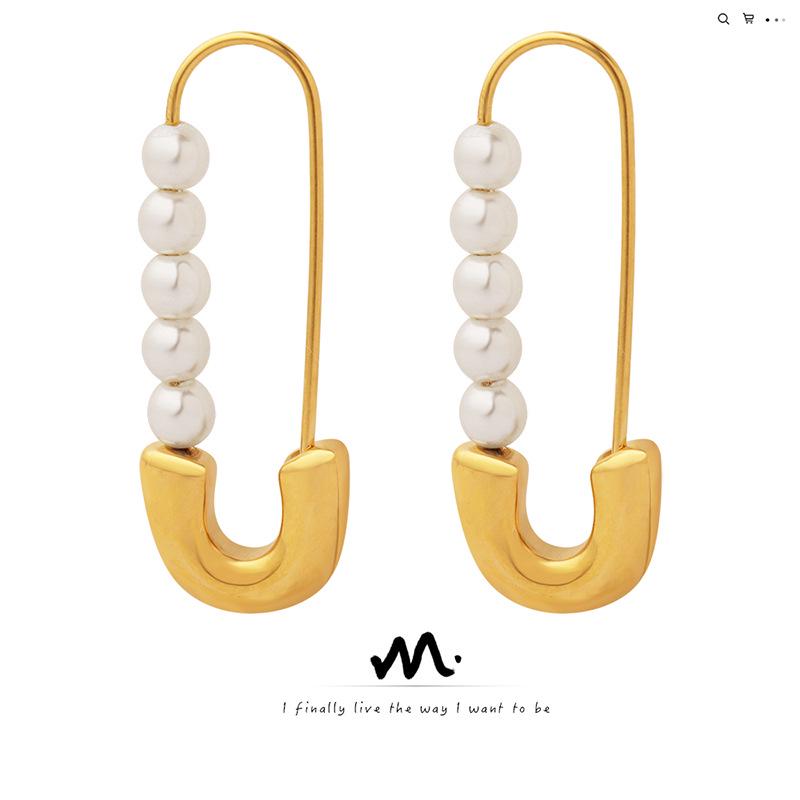 European & American Retro Style Paperclip Faux Pearl Titanium Steel 18K Gold-Plated Earrings
