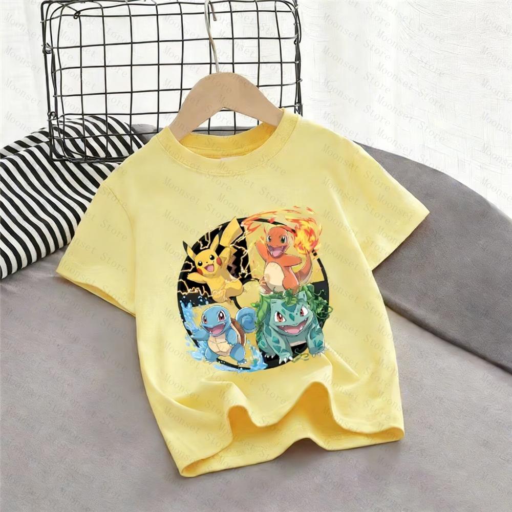 2026 Kids Pokemon T-Shirt Pikachu Charmander Squirtle Bulbasaur Graphic Tee Boys Girls Summer Short Sleeve Adult Casual Tops