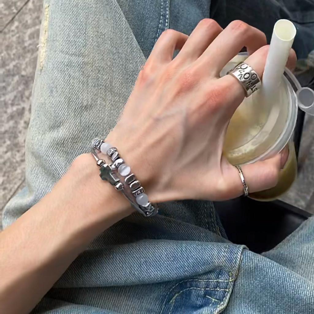 Titanium Steel Cross Bracelet For Men With Cat Eye Stone Bead Handcrafted Jewelry Gift