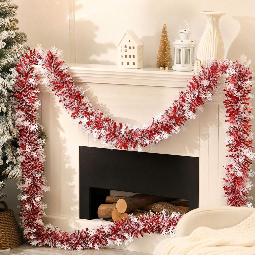 Christmas Garland 2m Dense Snowflake Sequin for Holiday Tree Decorations, Snowflake Party Supplies