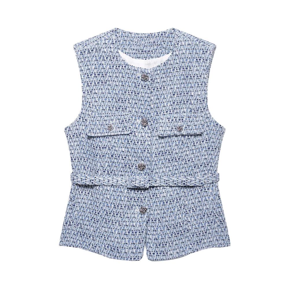 

2025 Spring/Summer Women s Slim Fit Belted Round Neck Textured Vest Extra Small синий