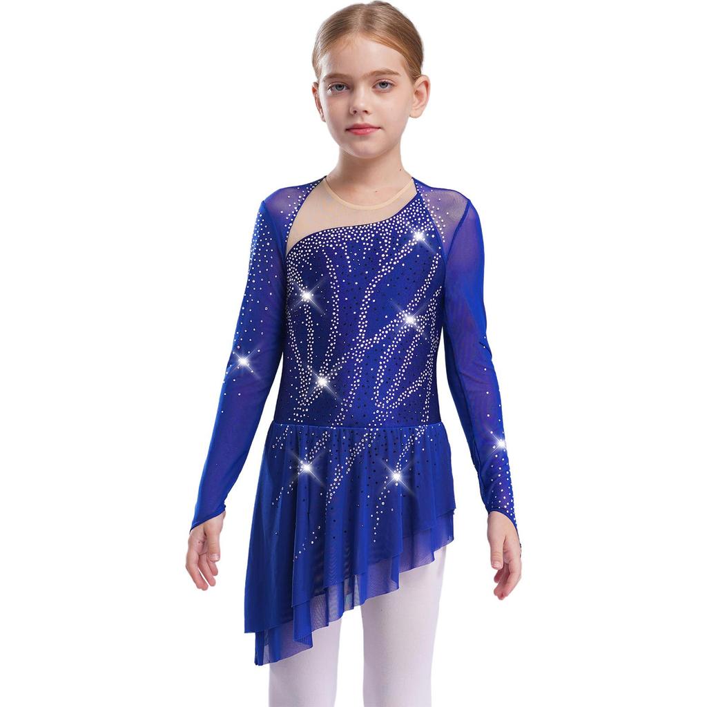 Girls Sparkly Rhinestones Dance Dress Mesh Long Sleeves Cutout Back Asymmetric Hem Figure Skating Dress