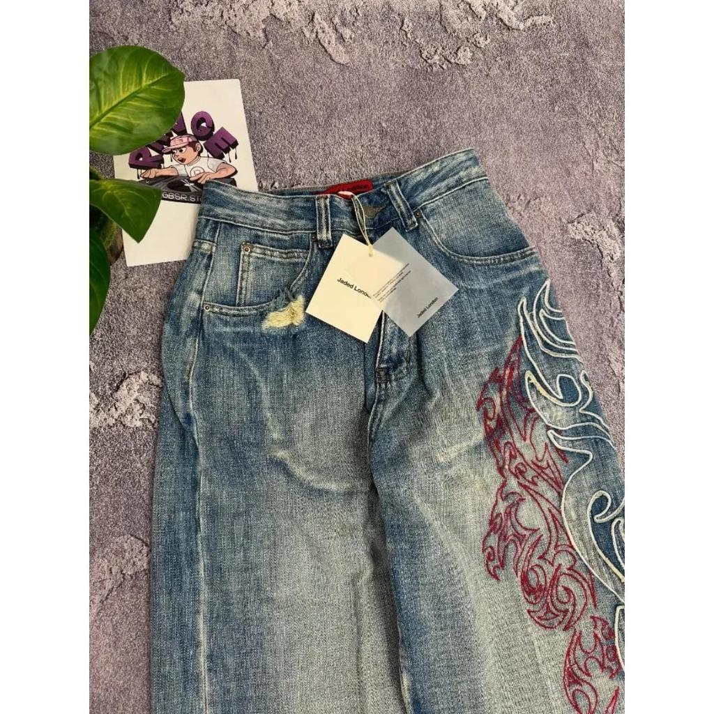 VibeStreet Y2K American New Pattern Embroidery Baggy Jeans High Street Vintage Hip Hop Fashion Casual Joker Couple Wide-leg Pants