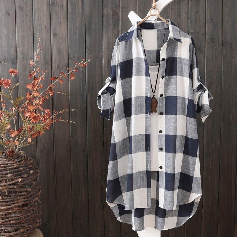 

Women s Shirt Mid To Long Length Summer Plus Size Sun Protection Clothing for Female Loose Checkered Shirt 3XL