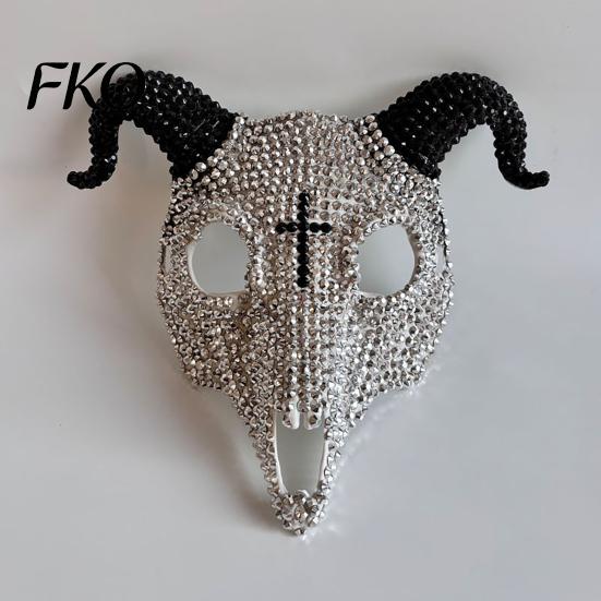 Light Luxury Skull Mask Halloween Rhinestone Full Face Mask, Black White Ram Horn Crystal Studded Masquerade Sparkly Glitter Party for Adults