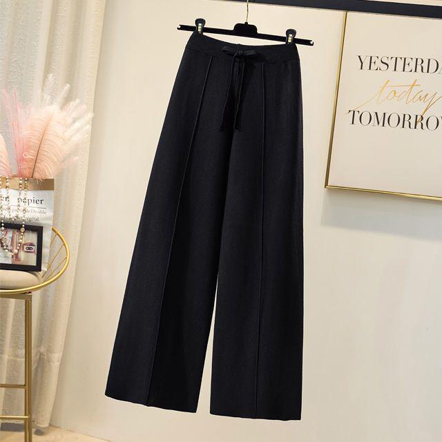 Women's Off-White Tie-Waist Knitted Wool Pants - High Waist, Wide Leg, Floor-Length, Autumn/Winter Style