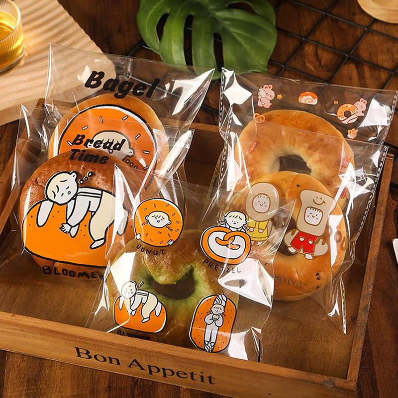 Cartoon Bread Storage Bags Self-Sealing Clear Plastic Packaging Bags For Sliced Bread Donuts Bagels Buns Resealable Bakery