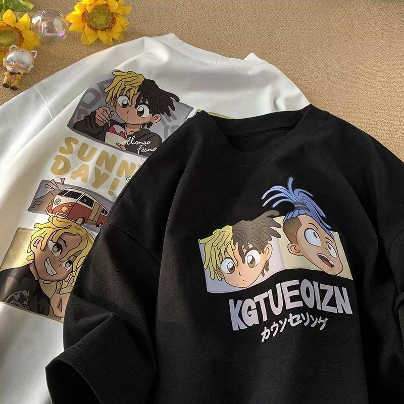 Cartoon Print Oversized Heavyweight Cotton T-Shirt - Summer Loose Fit Short Sleeve