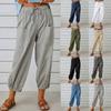 Women Cotton Linen Wide Leg Pants Drawstring Elastic Waist Straight Trousers