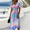Women’s Summer V Neck Short Sleeve Midi Dress with Hawaiian Print Casual Loose Fit Lightweight Beachwear