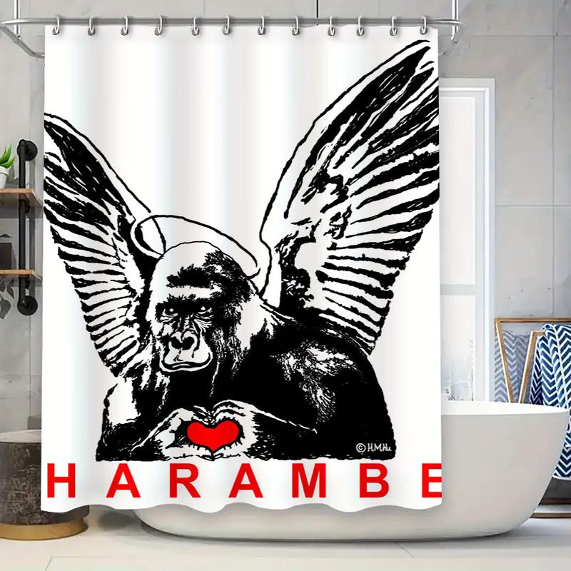

Harambe Shower Curtain Black White Red Heart Gorilla Wings Bathroom Decor Waterproof Fabric Shower Curtains Sets W60H190(CM)-1 Pcs