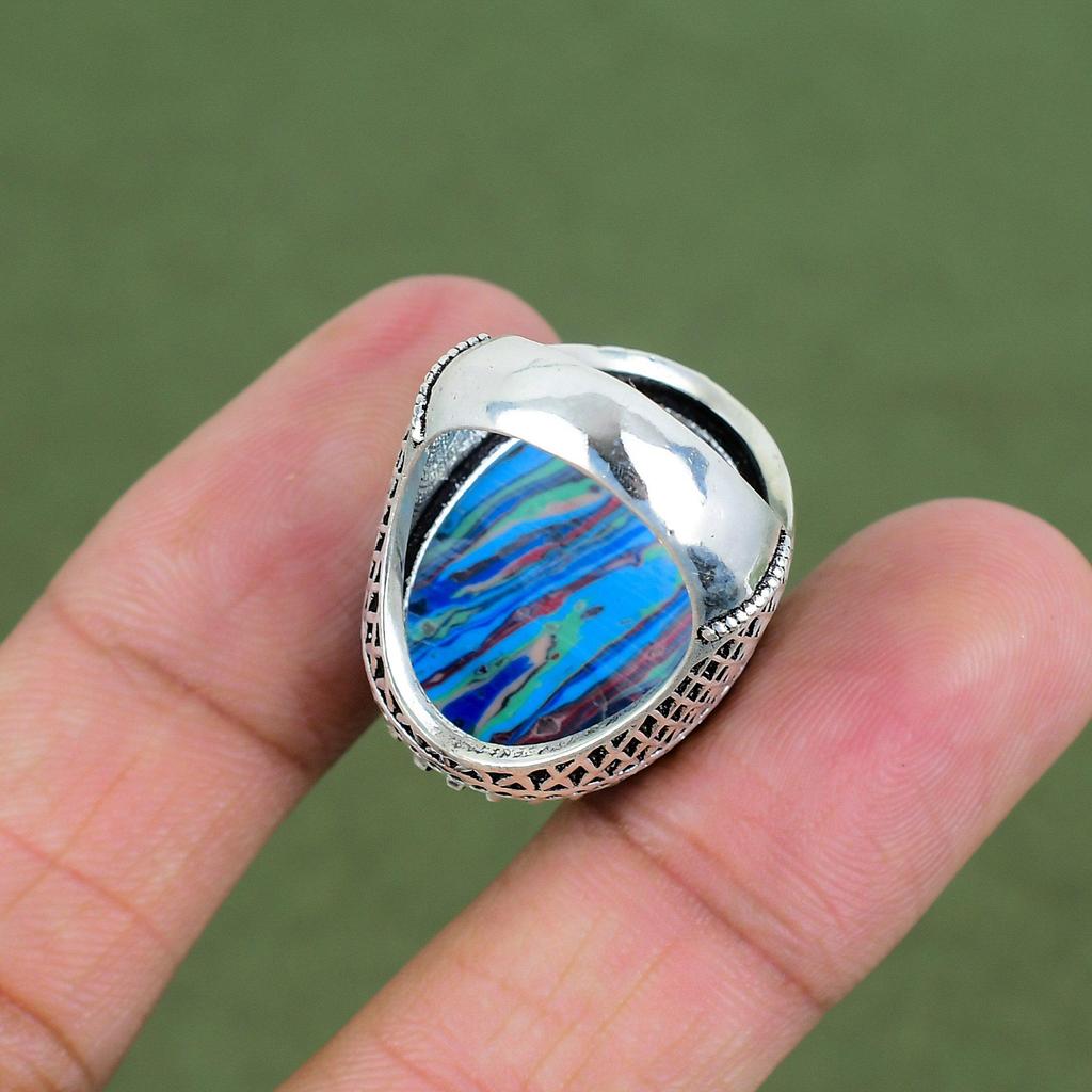 Rainbow Calsilica Ring 925 Sterling Silver Ring Designer Ring Genuine Gemstone Jewelry Handmade Ring Engagement Gifts Available In Ring Size