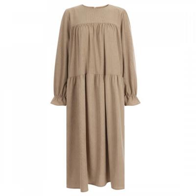 Shop   Women Round Neck 3 Tier Suede Corduroy Long Dress Beige Pic Wdr 20083