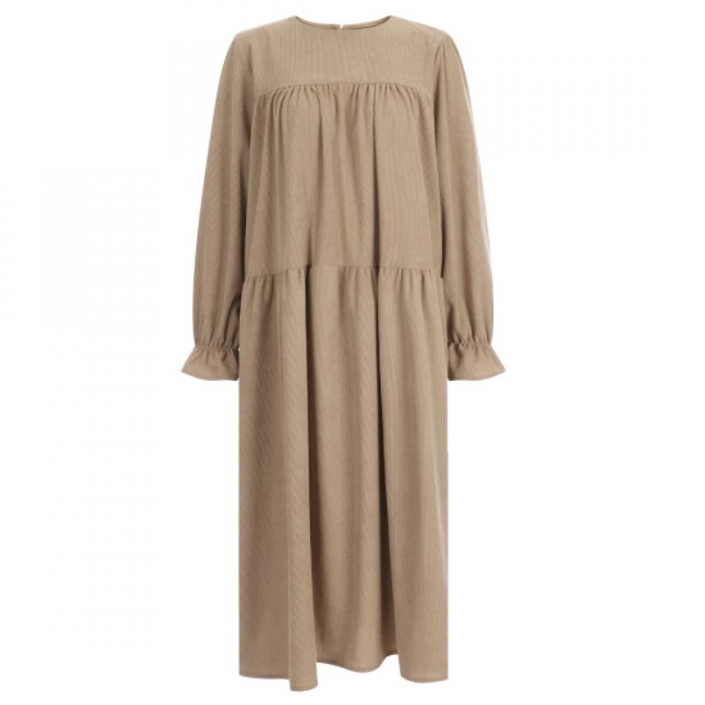Shop Women Round Neck 3 Tier Ruffle Suede Corduroy Long Dress Beige Pic Wdr 20