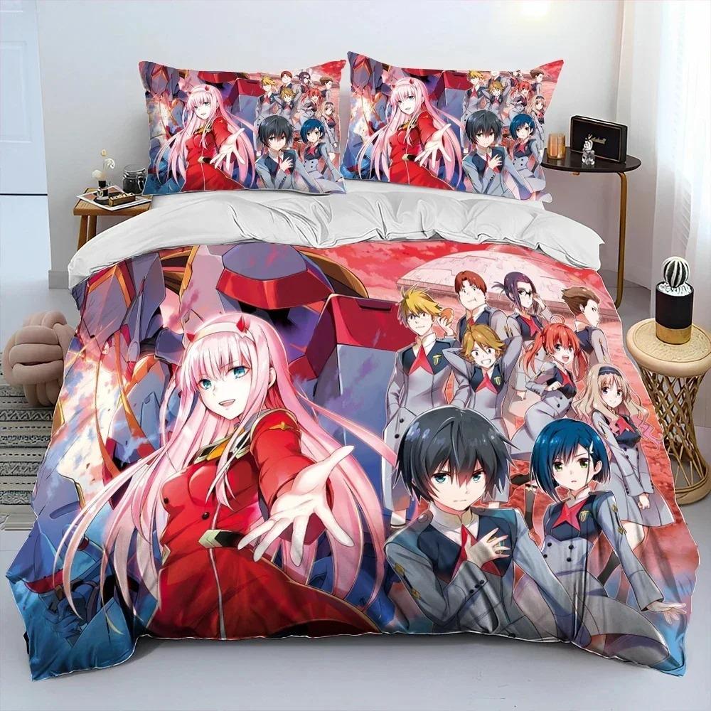 Zero Two DARLING In The FRANXX Anime Comforter Bedding Set,Duvet Cover Bed Set Quilt Cover Pillowcase,Queen Size Bedding Set Kid