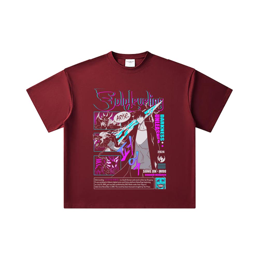 

260 GSM Double Yarn 32 Count 100% Cotton Solo Leveling V1 Arise Print Unisex Heavy Cotton T Shirt 2XL вина червоного кольору