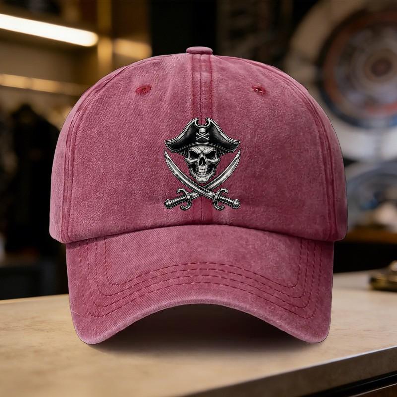 Pirate Skull Swords Graphic Washed Cotton Baseball Cap Adjustable Unisex Street Style Hat