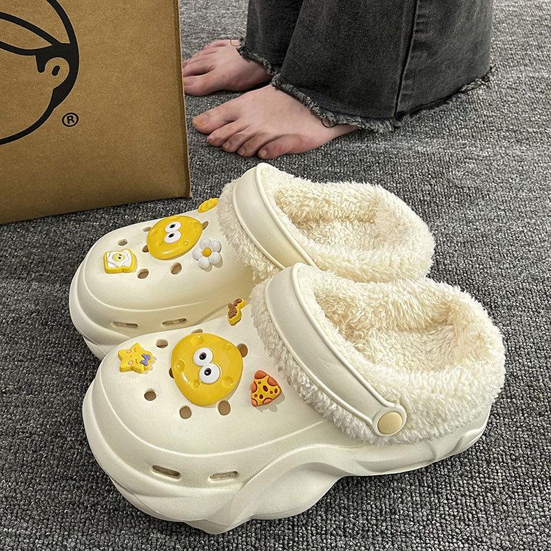 New velvet hole shoes women's winter non-slip outer wear cotton shoes heightened thick-soled home removable cotton slippers