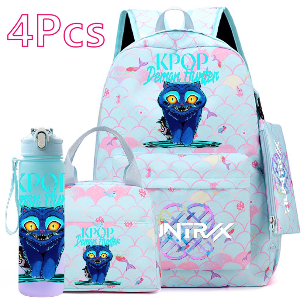 4Pcs/set Anime Cute K-POP Printed Backpack Large Capacity Bookbag HandBag Case Bag with 750ml Water Bottler Boy Girl SchoolBag Waterproof Mochila