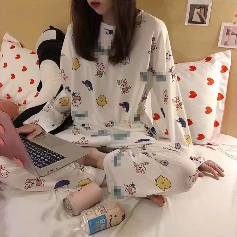 Niedliches Cartoon Damen Pyjama-Set: Rundhalsausschnitt, lange Ärmel, lange Hose – Bequem, vielseitig, perfekt für zu Hause oder draußen im Herbst und Winter