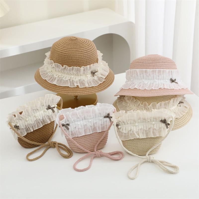Girl'S Summer Straw Hat Lace Bow Breathable Sun Hats Kids Princess Party Holiday Beach Bucket Cap Ang Bag 2Pcs Set Panama Gorros