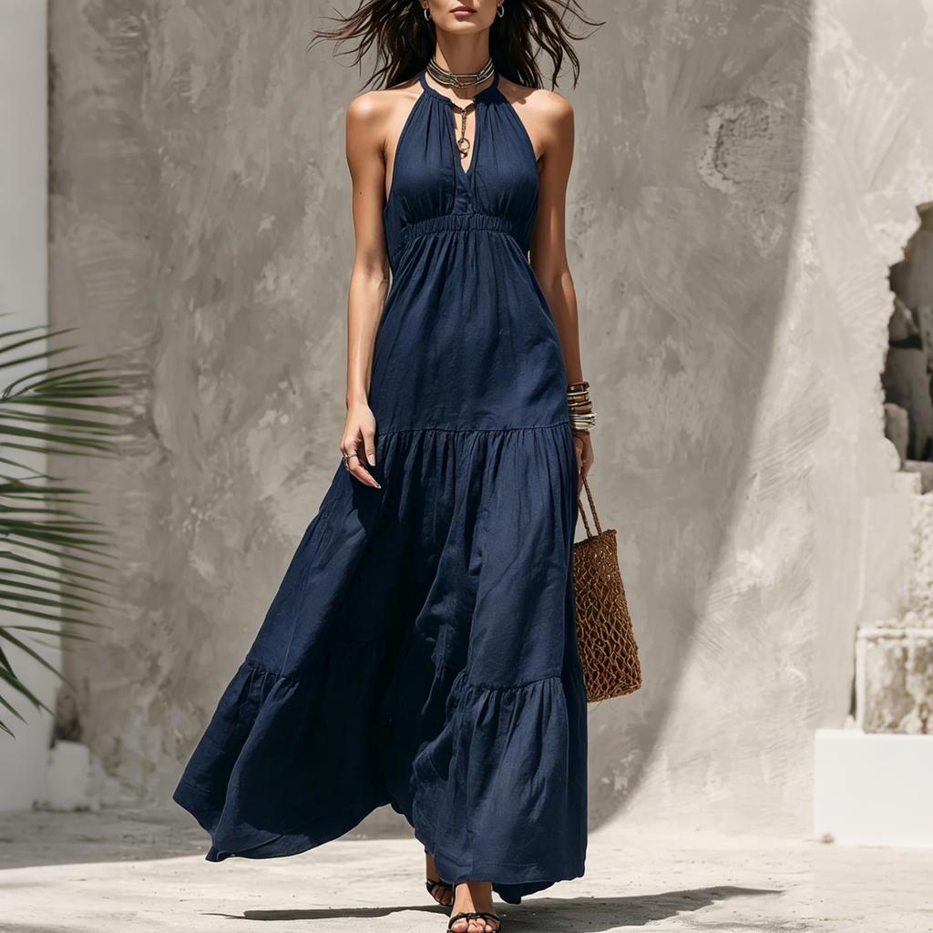 Women V Neck Sleeveless Maxi Dress with Fitted Waist and Tiered Skirt Vacation Style Long Dress for Casual and Daily Wear