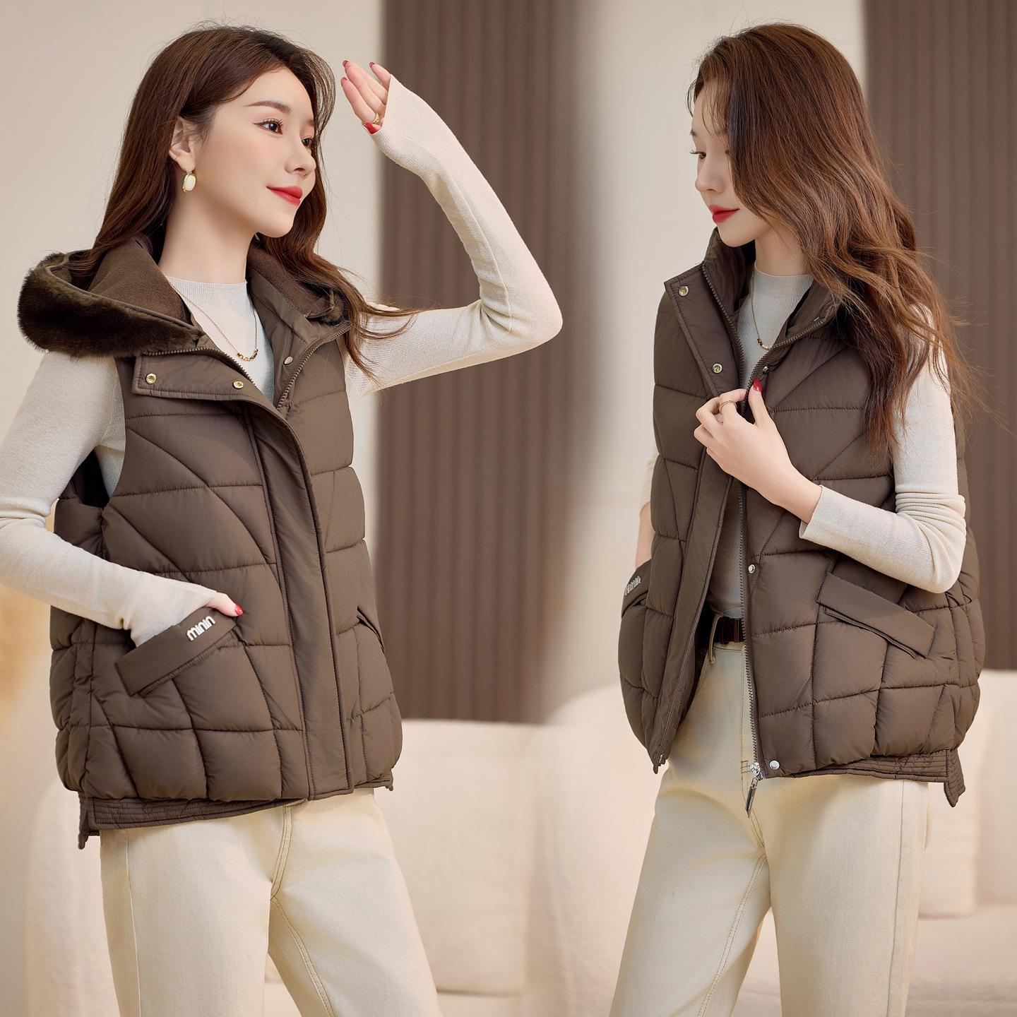 

Осень и зима новая женская легкая безрукавка-куртка с капюшоном, утолщенная теплая спортивная повседневная свободная куртка XXL темно-коричневого