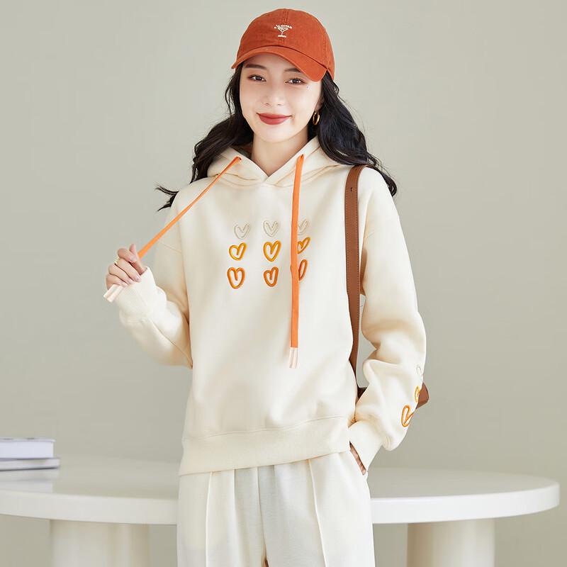 Bailuyu Women's Autumn/Winter Fleece-Lined Hooded Sweatshirt with Heart Embroidery
