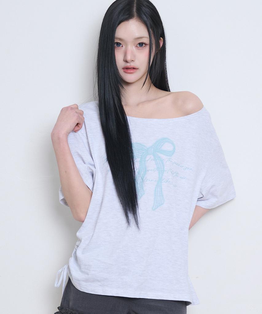 ILLIGO Ribbon Shirred Off-Shoulder T-Shirt Back Melange