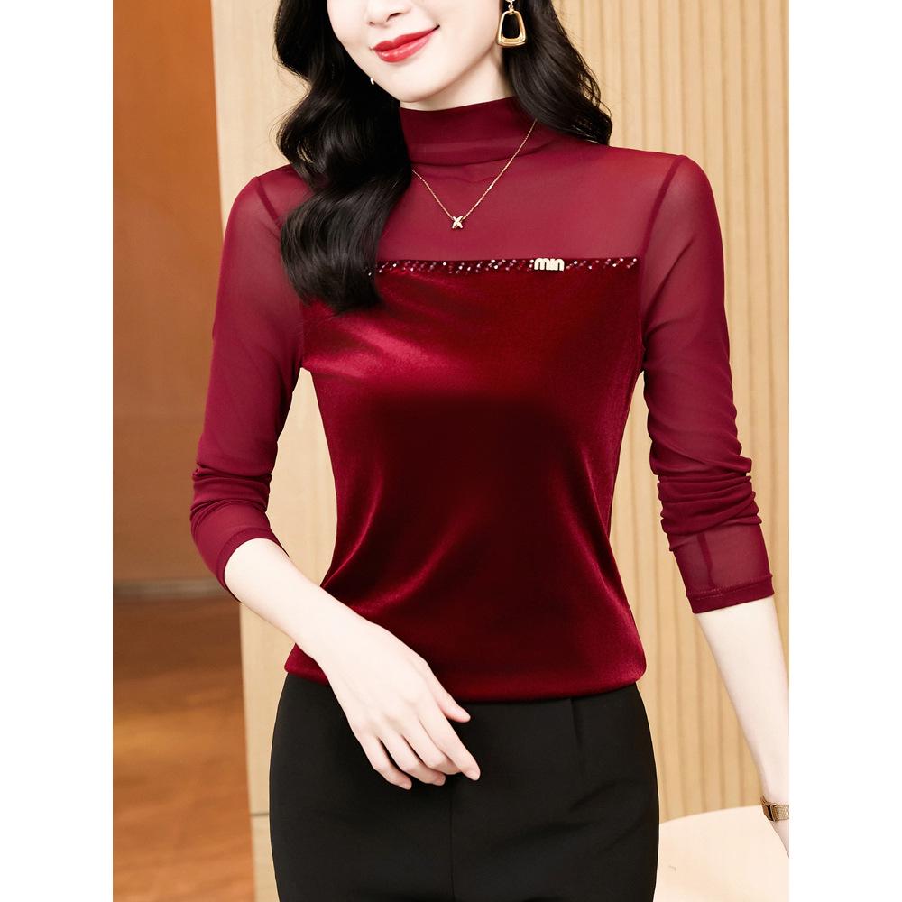 Women's Spring 2026 Light Luxury Beaded Velvet Patchwork Mesh Long Sleeve Top