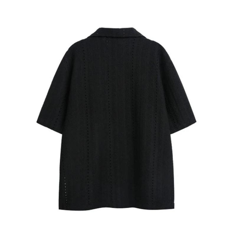 New Summer Breathable Hollow Out Short Sleeve Shirt Men's Loose Casual Retro Top