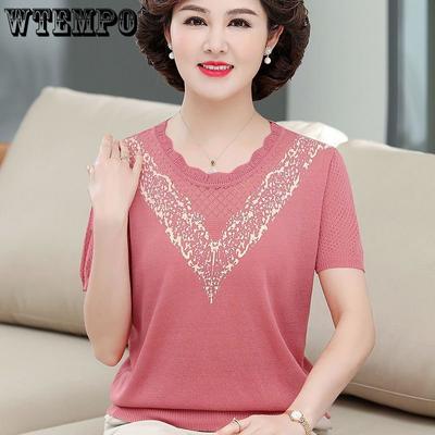 Gestricktes kurzärmliges kleines Hemd für Damen mittleren Alters und ältere Damen im Sommer T-Shirt Top
