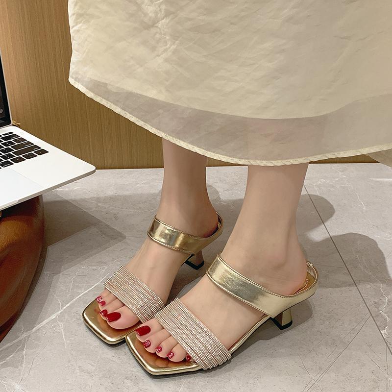 Crystal Women Slippers Luxury Sandals Square Toe High Heels Shoes Woman 2025 Trend Summer Party Pumps Elegant Sandalias De Mujer