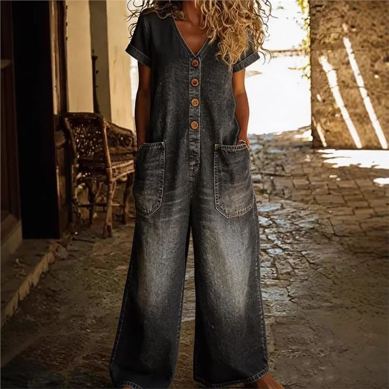 26Y2 Neue Damen Vintage Sommer Knopf Tasche Bequem Kurzarm Lässig Einteiler Weiter Bein Latzhose Kleid