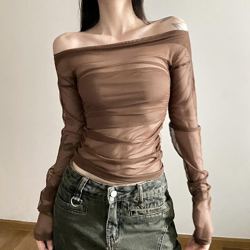 European and American style autumn new women's clothing solid color slim street fashion one-word collar backless long-sleeved T-shirt