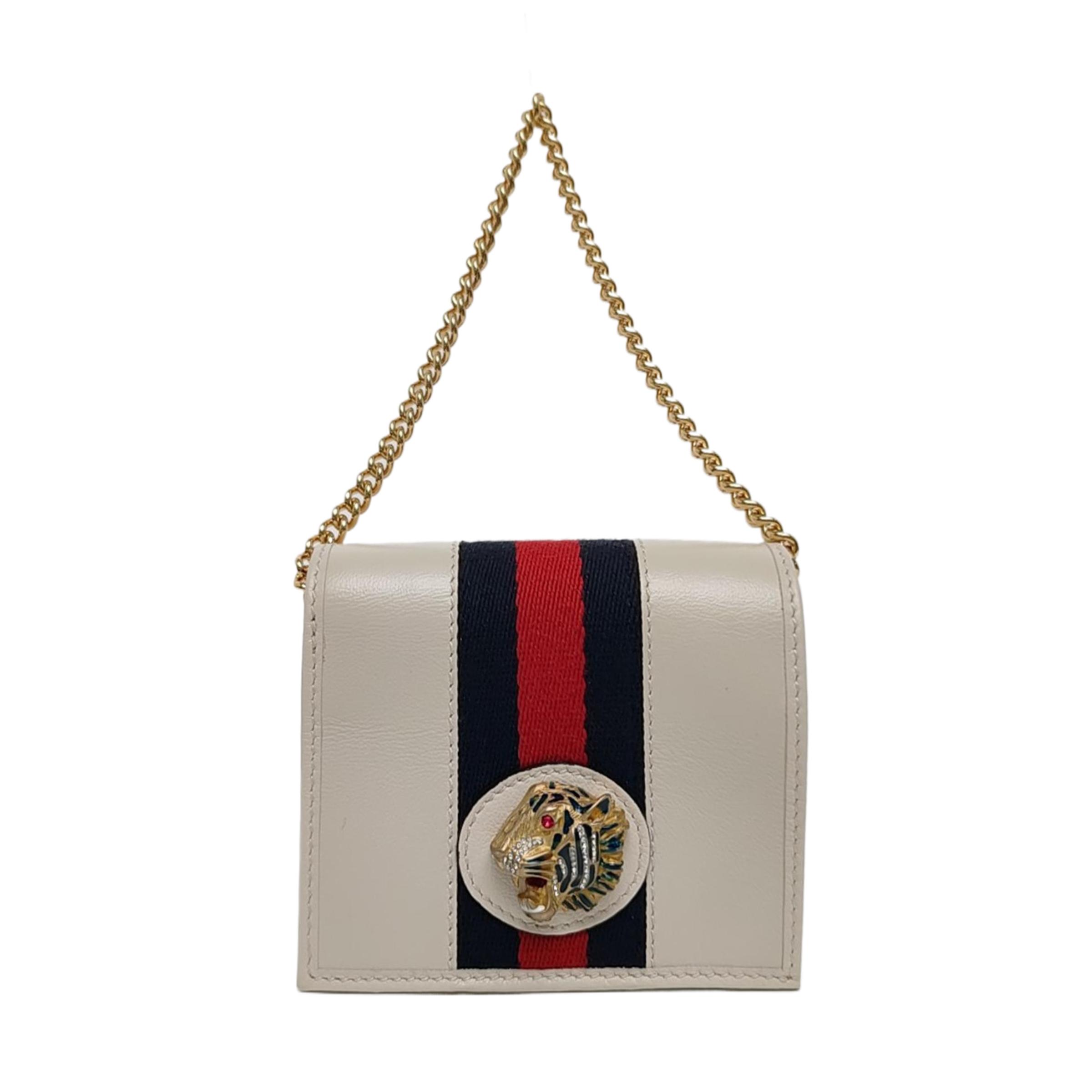 [Pre-Owned] Rajah Crystal Enamel Tiger Head Decor Stripe Web Leather Chain Card Holder Handbag - Excellent #10NQT3S ONE SIZE